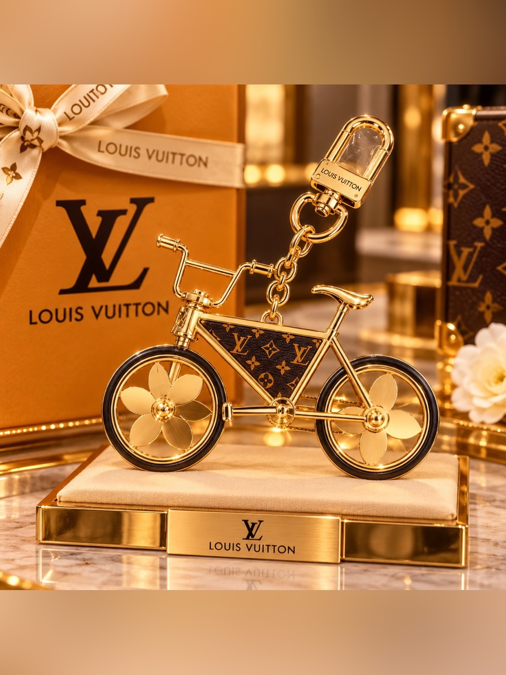 Gold Bike Key Charm in Gold and Brown